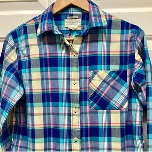 Ralph Lauren RL boyfriend button down cotton shirt, plaid, blue & yellow, S